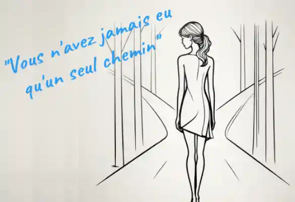 Illustration minimaliste d'une femme face à un chemin qui se divise, symbole du choix et de la souplesse face à l'épuisement professionnel